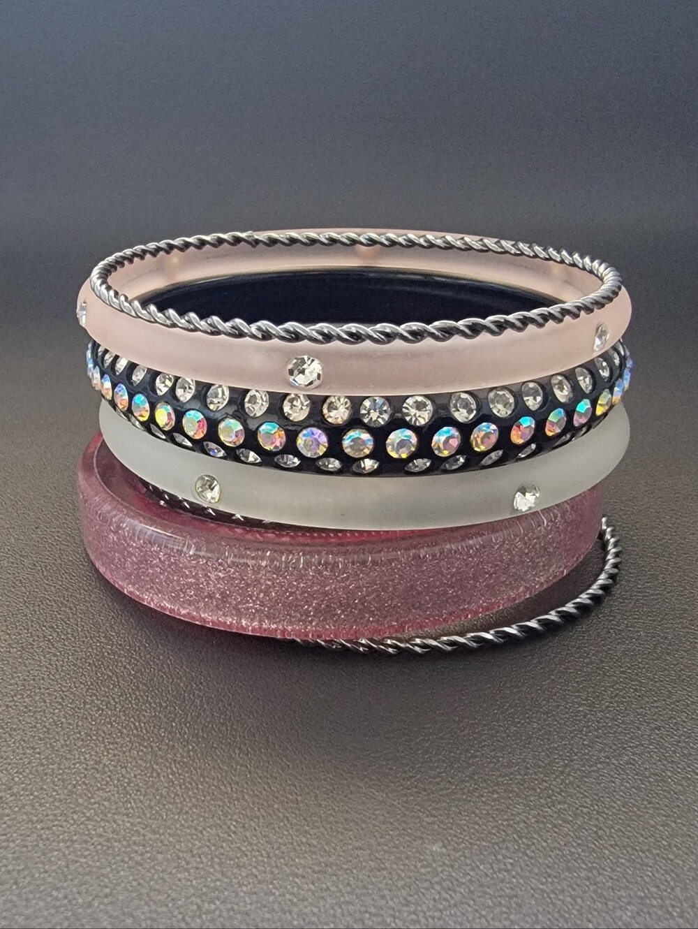 7 Pc Bangle Stack Set Frosted Resin Rhinestone Gunmetal Y2K Coquette Boho